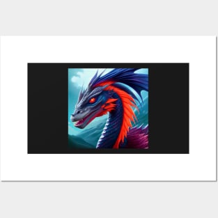 Serpentine Blue Dragon with Red Fins Posters and Art